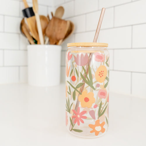 Verre avec paille & couvercle - Motifs floraux||Glass with straw & lid - Floral motifs