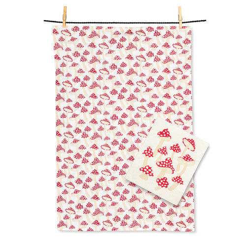 Ensemble linge & lavette à vaisselle - Champignons