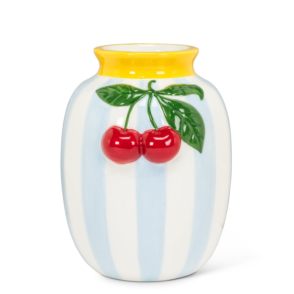Blue & white striped vase - Cherries