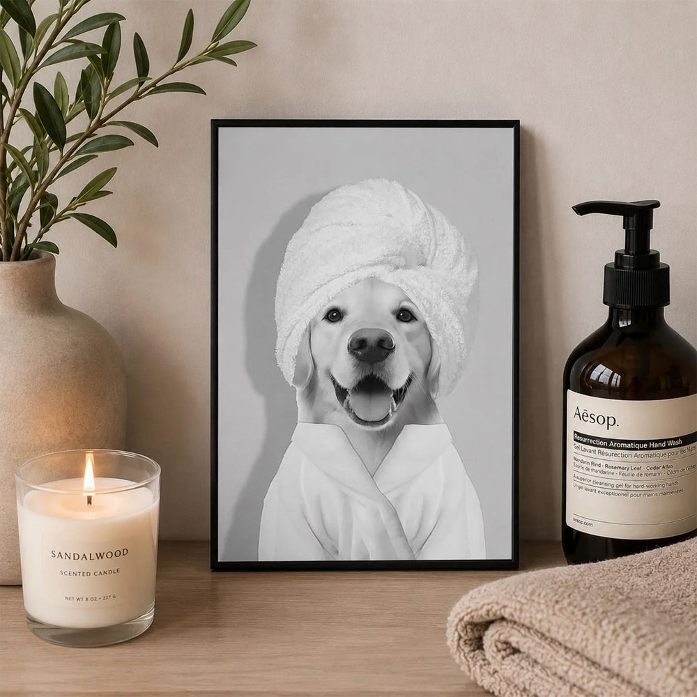Black and white frame - Dog with towel
