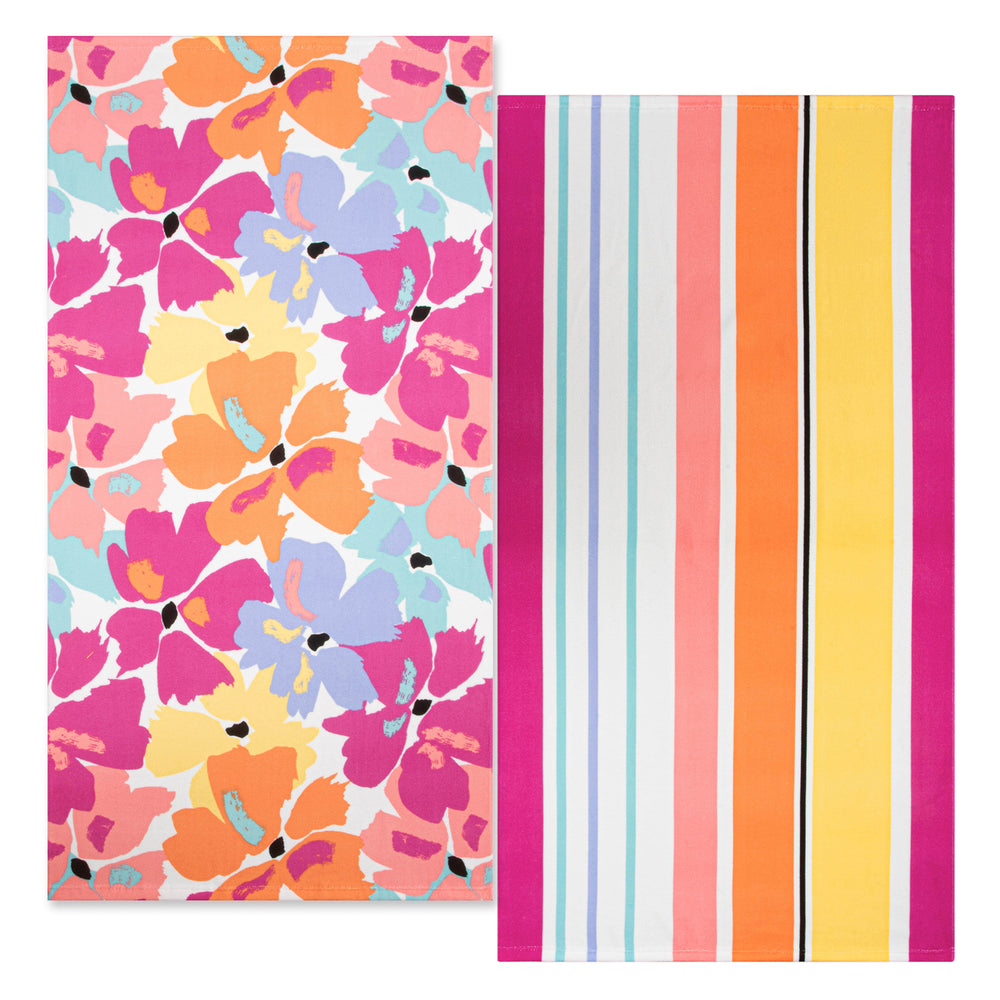 Ensemble de 2 serviettes de plage - Rayures florales