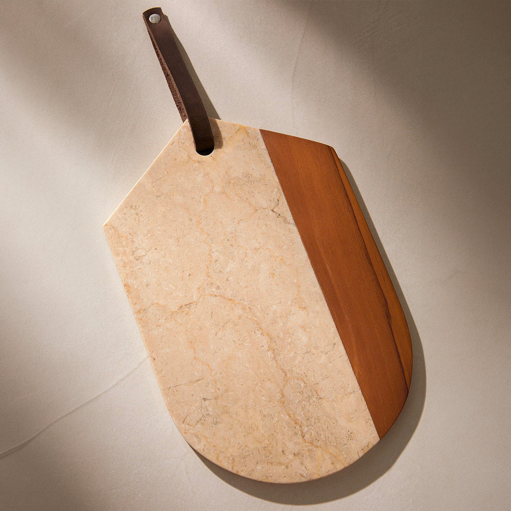 Planche arrondie en marbre blanc et bois - Teck