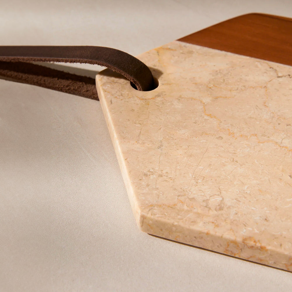 Planche arrondie en marbre blanc et bois - Teck