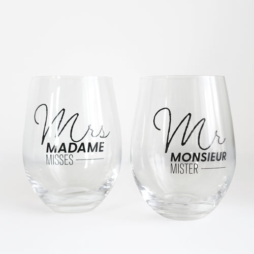 Set of 2 stemless wine glasses - M/Mrs
