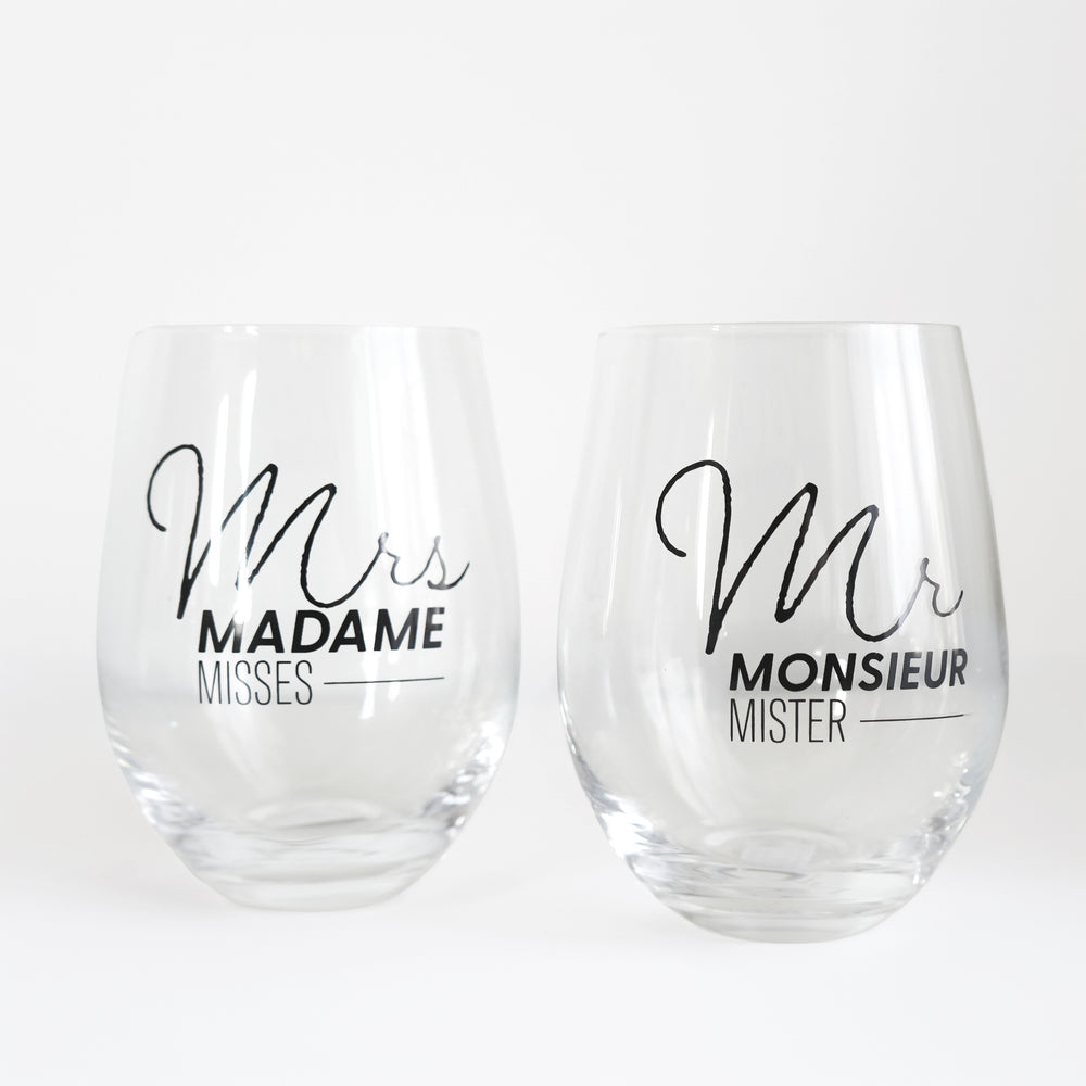 Set of 2 stemless wine glasses - M/Mrs