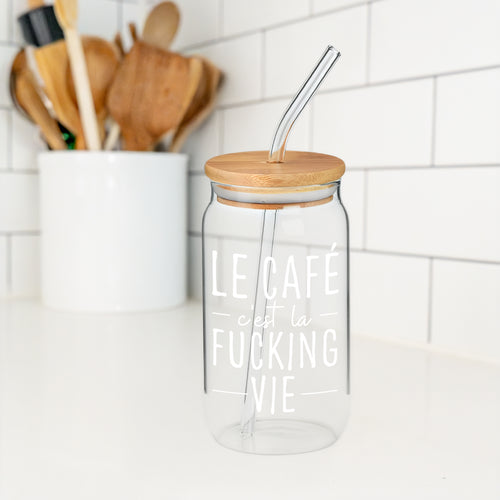 Verre avec paille & couvercle - Le café c'est la vie