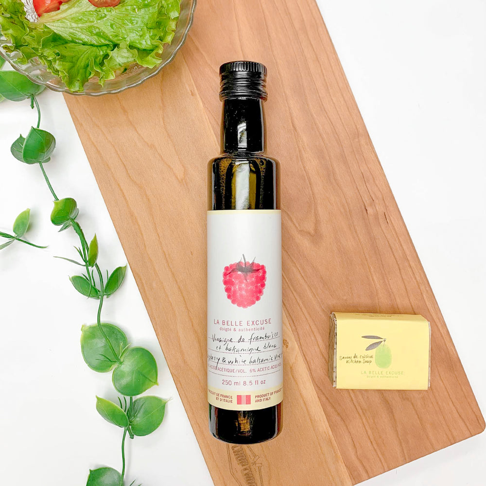 Cadeau - Vinaigre de framboise/balsamique blanc & savon de cuisine