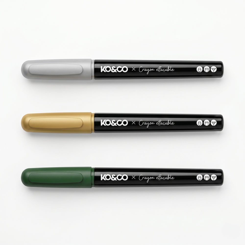 Crayons effaçables pour verres - Argent, doré & vert