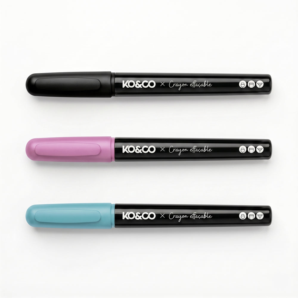 Crayons effaçables pour verres - Noir, rose & bleu