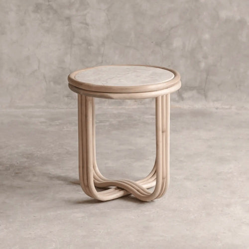 Table d'appoint en marbre et rotin - Cali