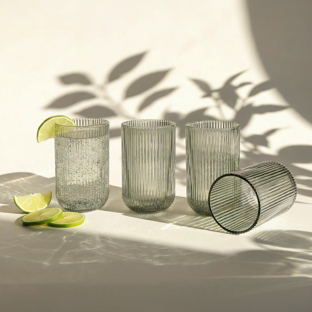 Set of 4 Ribbed Glasses - Smoke grey