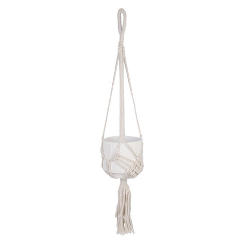 Macrame planter with white pot