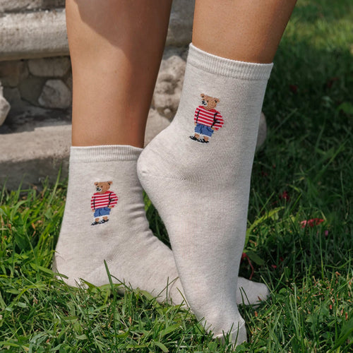 Beige socks with teddy bear