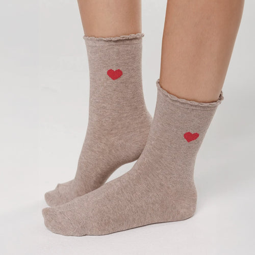 Taupe socks with small red heart