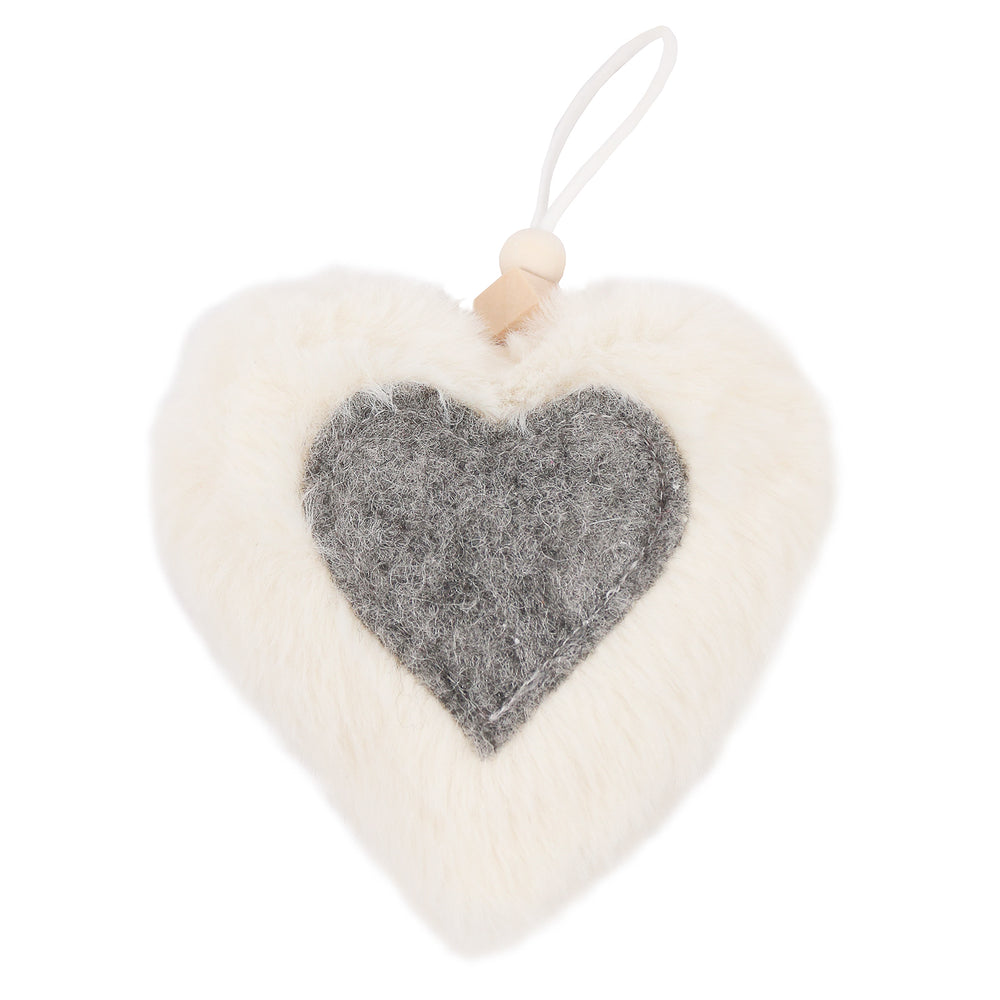 Ornement coeur en fourrure - Ivoire et gris