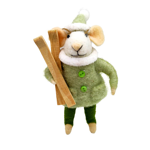 Ornement souris - Ski et manteau vert